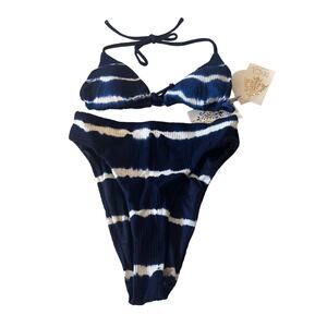Becca Swimwear Bikini NWT Blue White Tye Dye Wash Print Size Small High Waisted